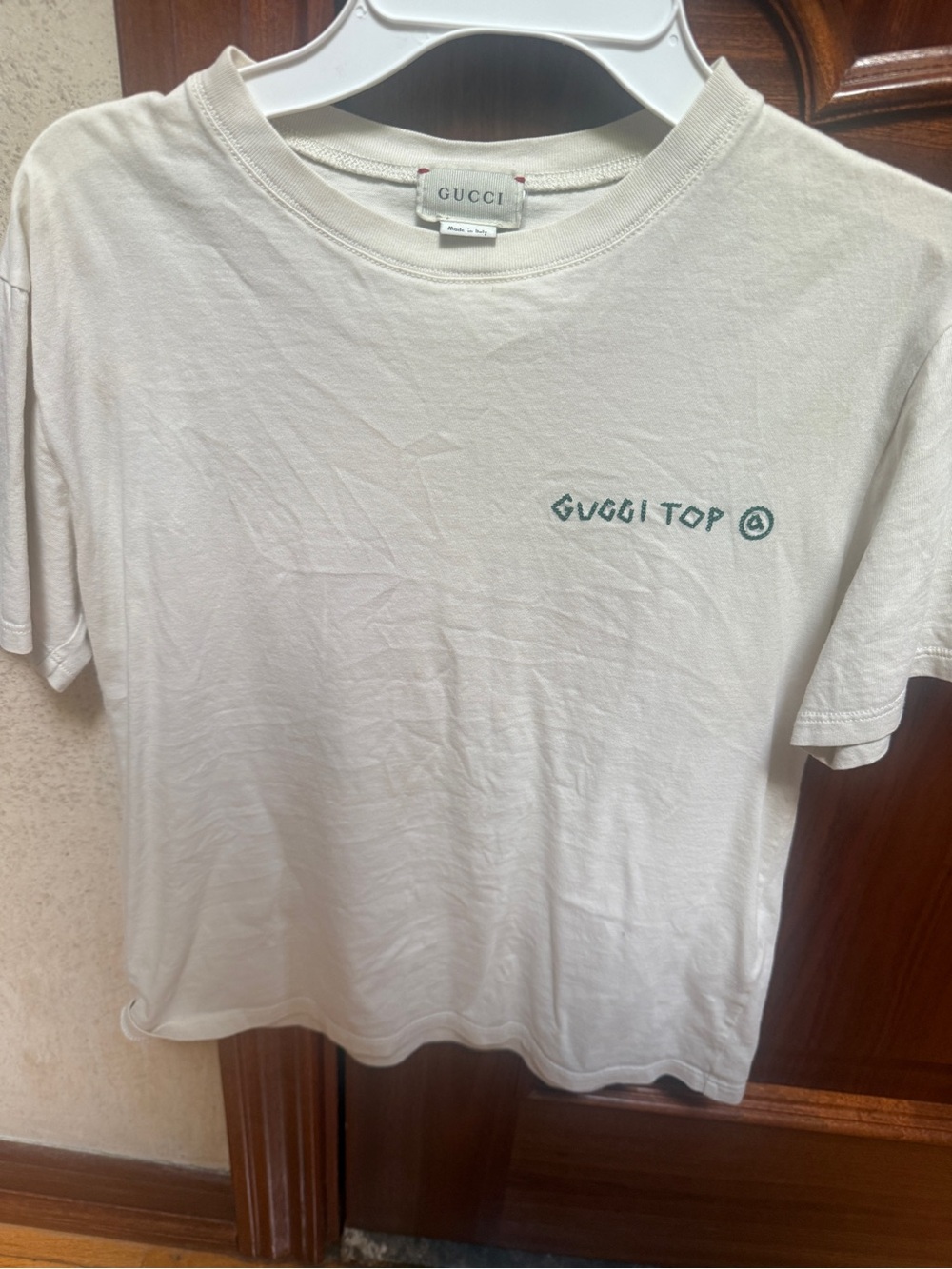 Gucci Cream Tee with Green Chest Logo and Design in the back size 10